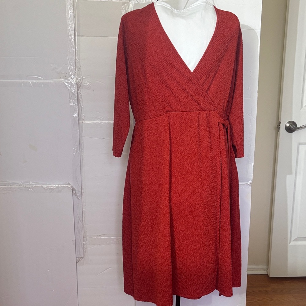 Textured Red Wrap Midi Dress with Tie Waist